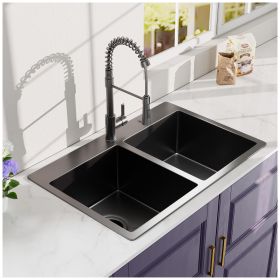 33x22Inch Double Bowl Topmount Gunmetal Black Kitchen Sink 18Gauge Stainless Steel With Black Spring Neck Faucet