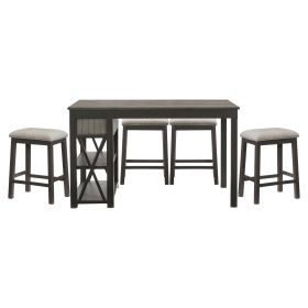 Casual Style Counter Height Dining 5pc Set Gray Finish Multifunctional Table with 4x Stools Upholstered Cushion Seat Drawers Shelves Table Dining Kitc