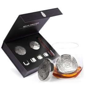 New Pirate Themed Silver Whiskey, Stainless Steel Whiskey Chilling Stones & Coin Set| 6pc Set with Chest | Whiskey Gift for Men, Dad, Husband