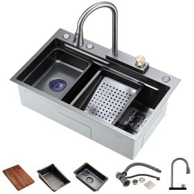 Kitchen Sink Flying rain Waterfall Kitchen Sink Set 30"x 18" 304 Stainless Steel Sink with Pull Down Faucet, and Accessories (Color: as Pic)